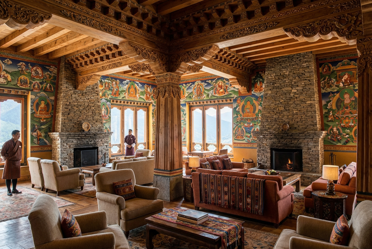Lobby des Zhiwa Ling Hotels in Paro mit aufwendigen traditionellen Holzschnitzereien, bhutanischen Wandmalereien und gemütlichen Sitzgruppen - repräsentativ für gehobene Boutique-Hotels in Bhutan