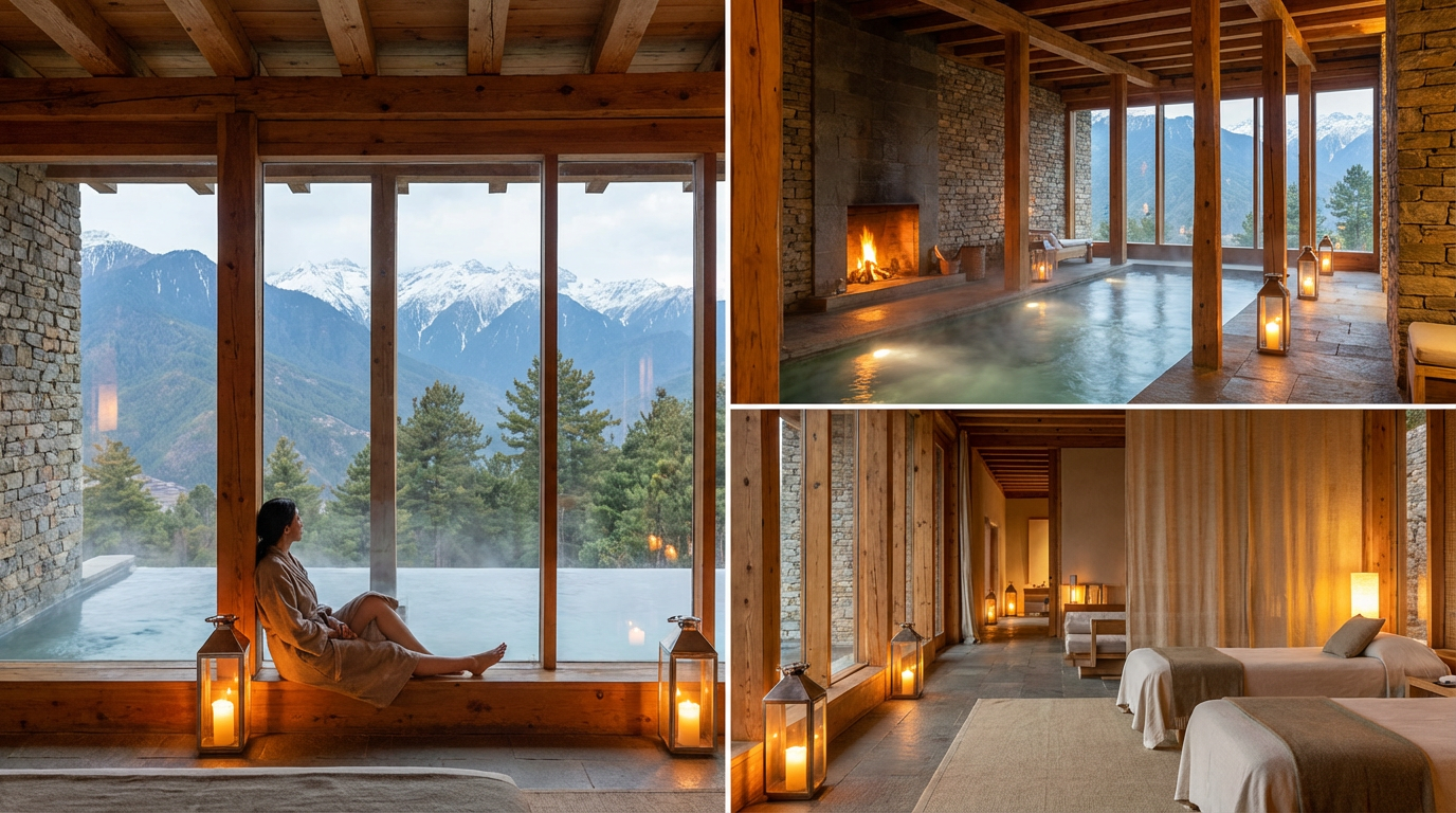 Innenansicht eines Amankora Spas mit Zedernholz-Duft, warmer Beleuchtung und Blick durch bodentiefe Fenster auf die Berglandschaft