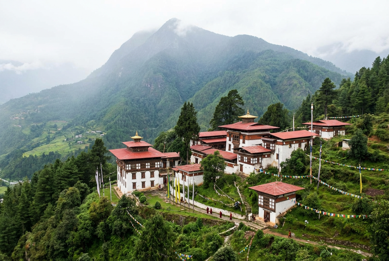 Cheri Goemba, das erste Kloster Bhutans von 1620, idyllisch am Berghang nahe Mount Cheri gelegen