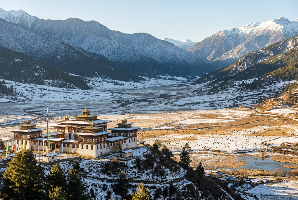 Gangtey Goenpa Kloster im Phobjikha-Tal, mit weitem Blick über das Gletschertal und die Winterquartiere der Schwarzhalskraniche