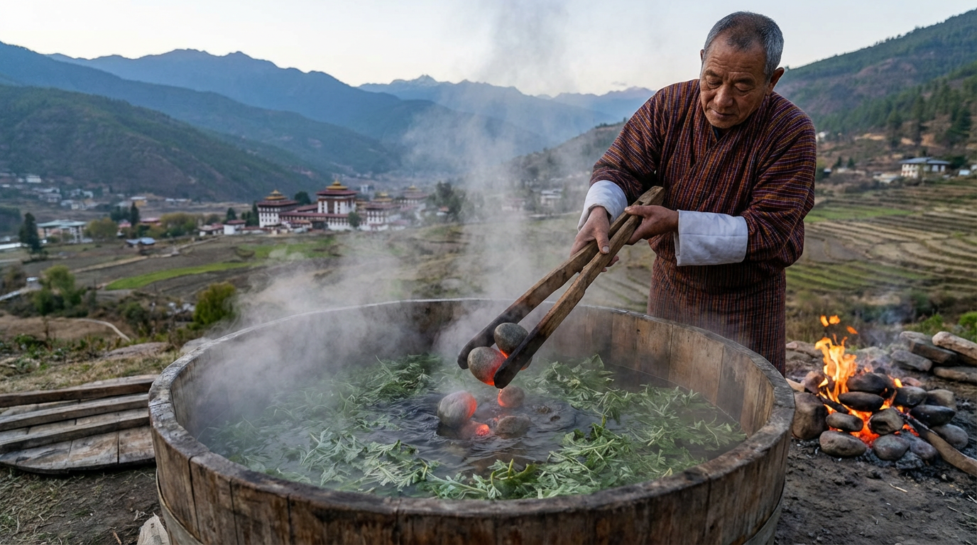 Traditionelles bhutanisches Hot Stone Bath unter freiem Himmel: Holzwanne mit dampfendem Wasser und Artemisia-Blättern, glühende Flusssteine werden mit einer Zange hinzugefügt, Bergpanorama im Hintergrund
