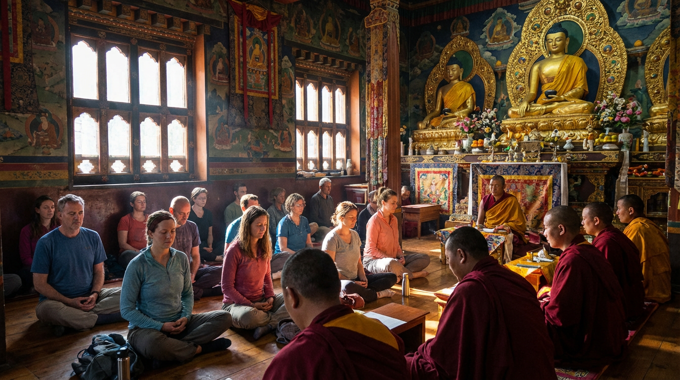 Gruppe von Besuchern meditiert gemeinsam mit buddhistischen Mönchen in einem traditionellen bhutanischen Tempel, goldene Buddha-Statuen im Hintergrund, Morgenlicht durch die Fenster