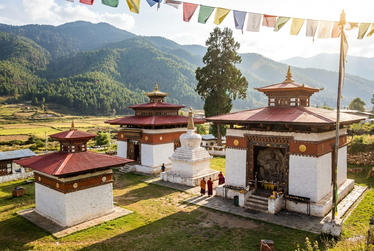 Kurjey Lhakhang in Bumthang, einer der heiligsten Orte Bhutans mit drei Tempelgebäuden und dem Abdruck von Guru Rinpoches Körper im Felsen