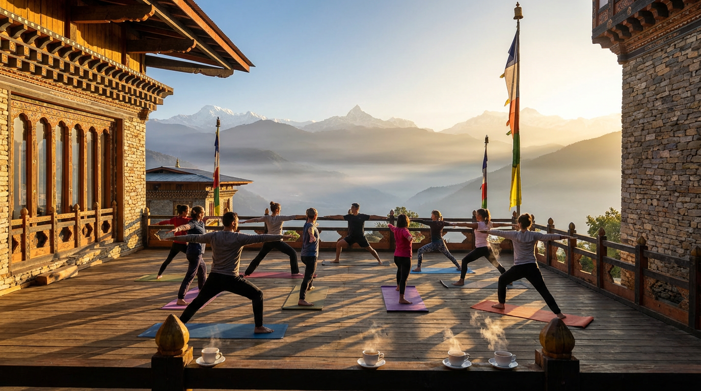 Yoga-Session auf einer Terrasse eines bhutanischen Resorts bei Sonnenaufgang, Teilnehmer in der Krieger-Position mit Blick auf nebelverhangene Täler und Berggipfel