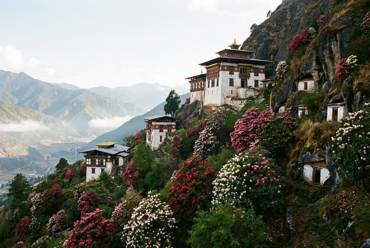 Phajoding Kloster oberhalb von Thimphu, traditionelle weiße Gebäude an einem steilen Berghang, umgeben von Rhododendren und Meditationshöhlen