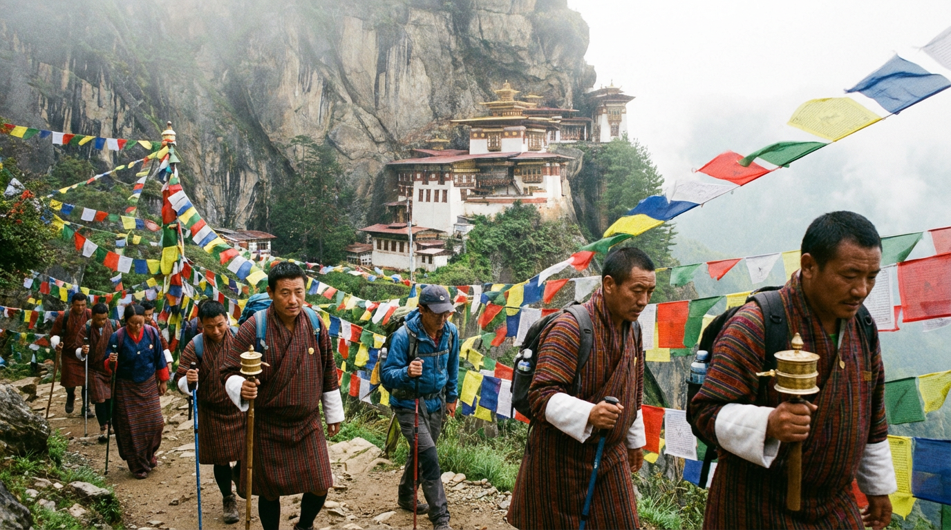Pilger auf dem Weg zum Tiger's Nest Kloster, mit Gebetsfahnen am Wegesrand und dem spektakulär an der Felswand klebenden Kloster im Hintergrund