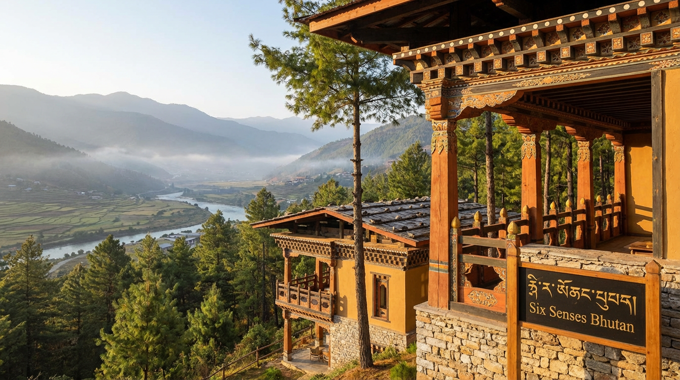 Außenansicht einer Six Senses Lodge in Bhutan mit traditioneller bhutanischer Architektur, umgeben von Pinienwäldern und Blick auf das Tal
