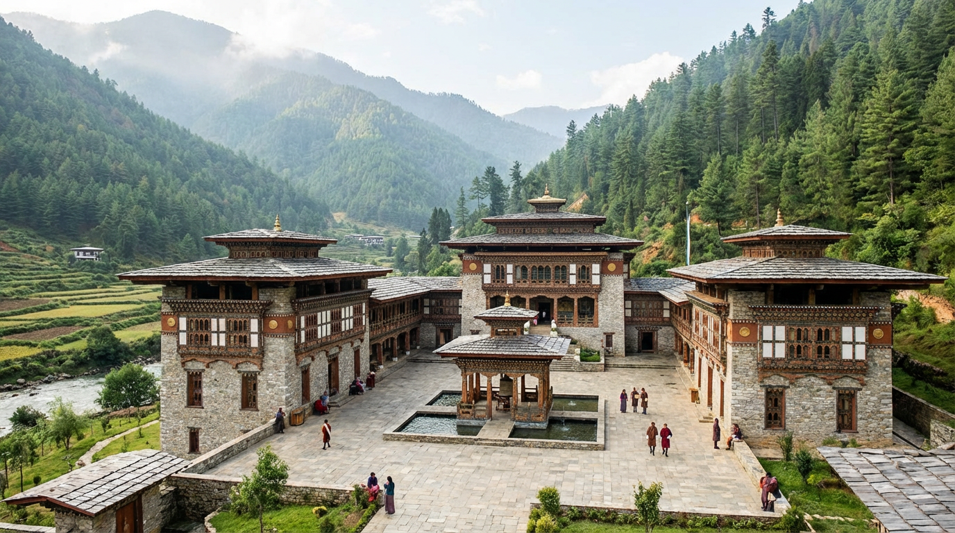 Das Bhutan Spirit Sanctuary im Neyphu Valley, Architektur im Klosterstil mit Innenhof, umgeben von bewaldeten Berghängen